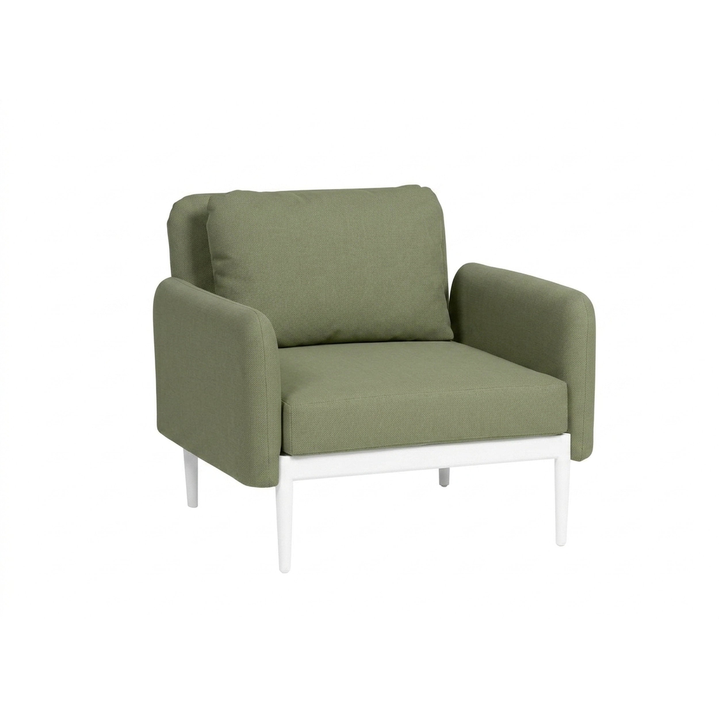 Ratana Palo Chair - Fabric: Canvas Seasalt olive green upholstery with padded backrest and armrests, white wooden legs.!