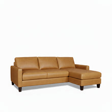 Load image into Gallery viewer, Brown leather sectional sofa on a white background

