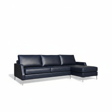 Load image into Gallery viewer, Black leather sectional sofa on a white background
