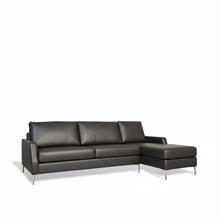Load image into Gallery viewer, Black leather sectional sofa on a white background
