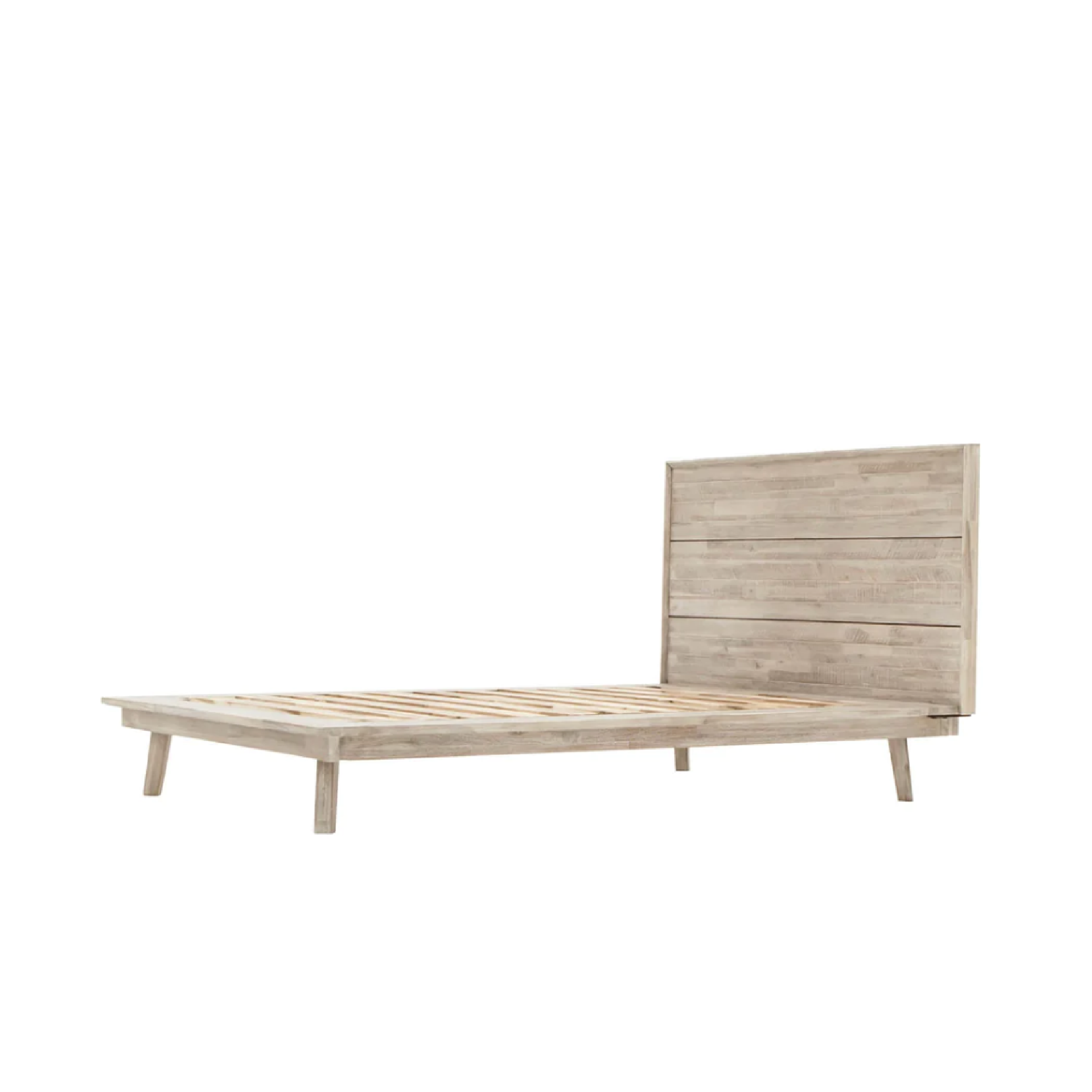 A single-sized, neutral-colored bed frame made of acacia wood.