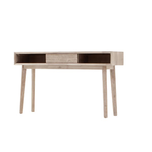Wooden desk with dark brown accents on a white background
