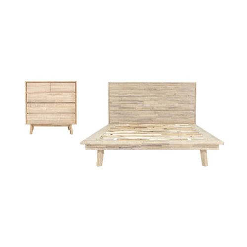 Wooden bed and 5 drawer dresser set on a white background.