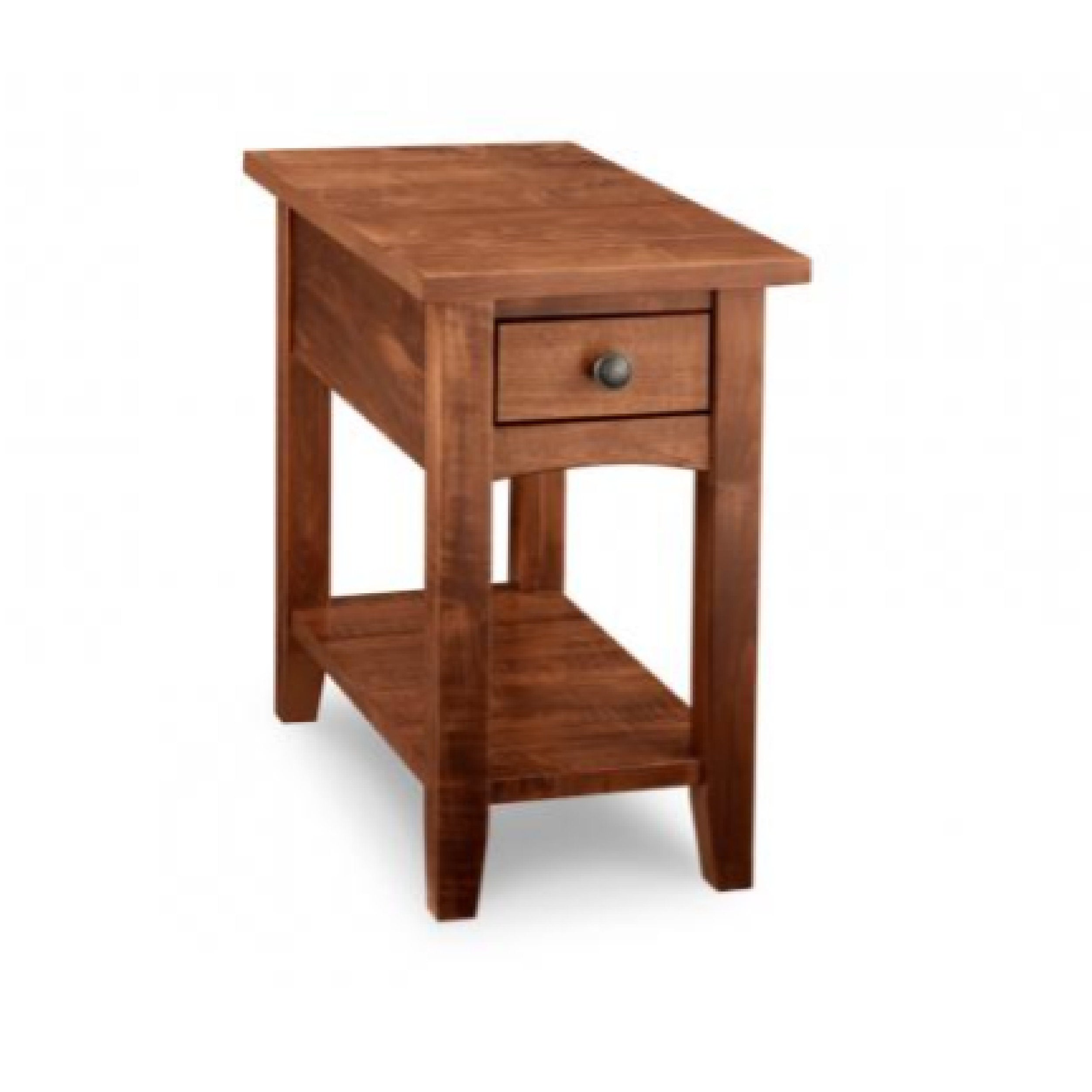 Wooden side table with a drawer on a white background