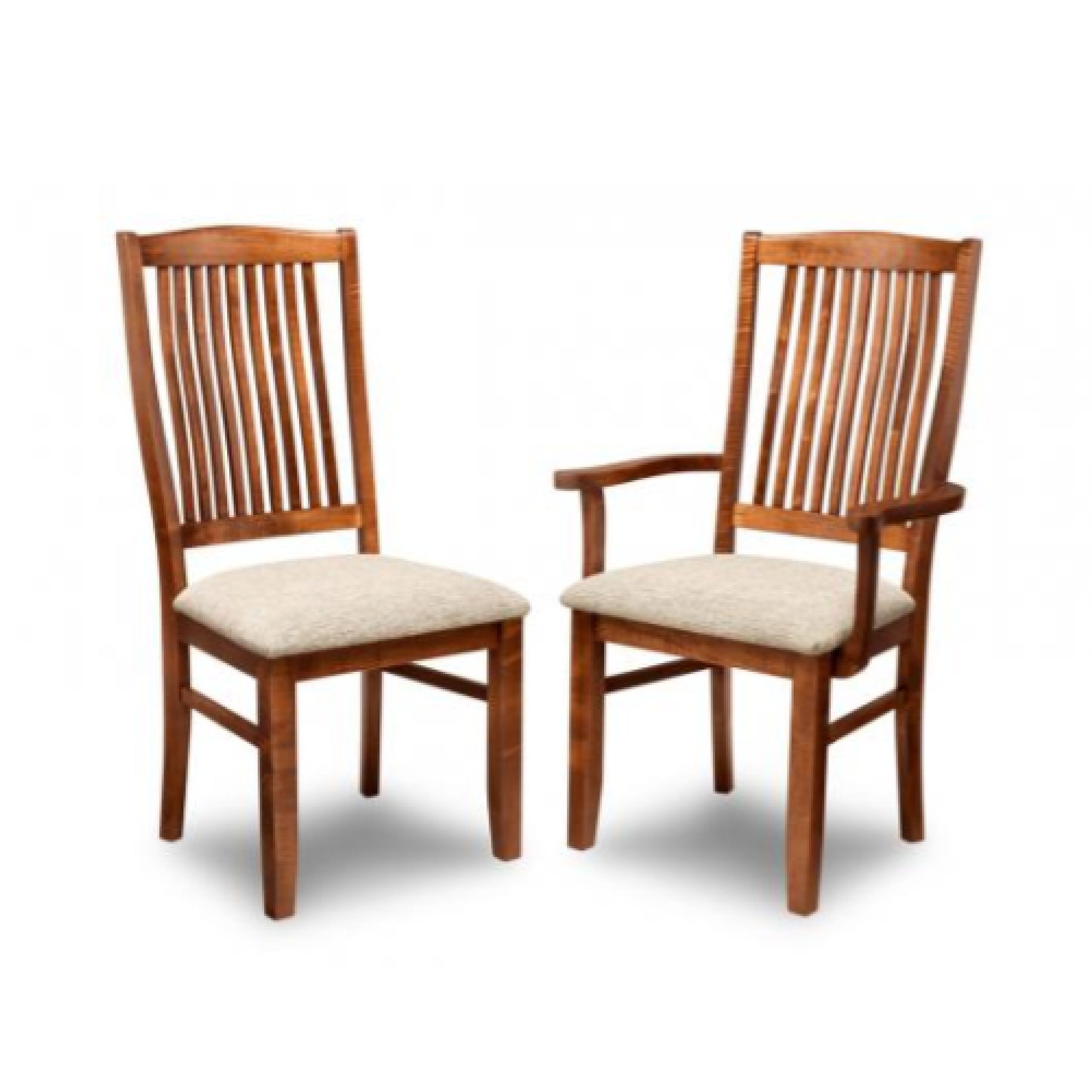 Two wooden chairs with cushioned seats on a white background