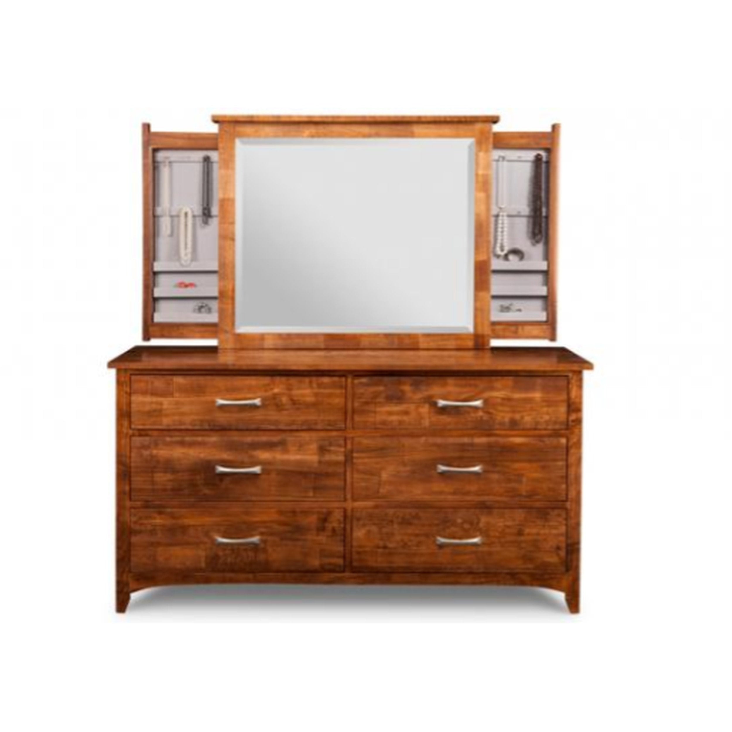 Wooden dresser with mirror on a white background