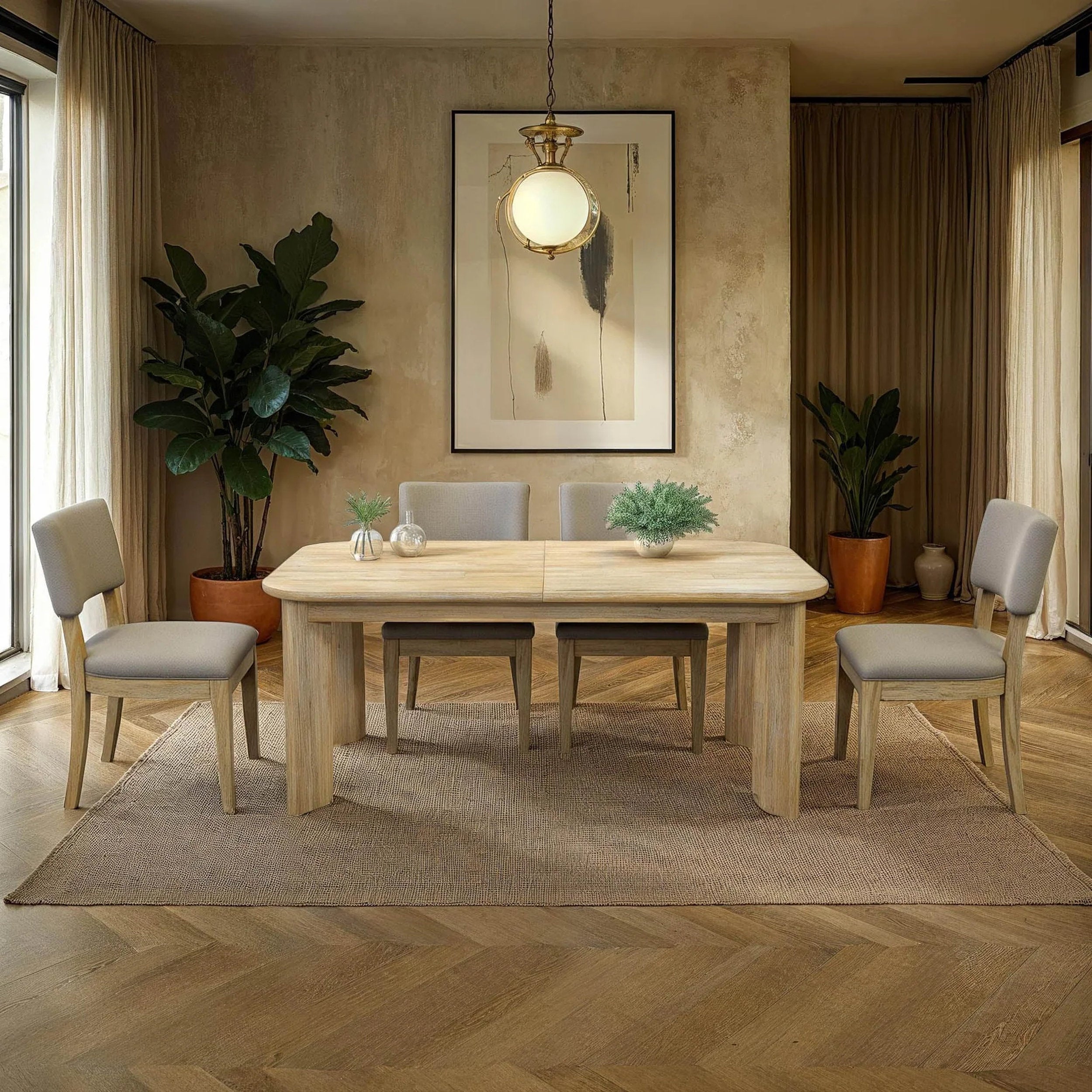 Haru Extension Table 70"/102" in light oak with visible grain, smooth rounded edges, extension leaves; LH Home collection!