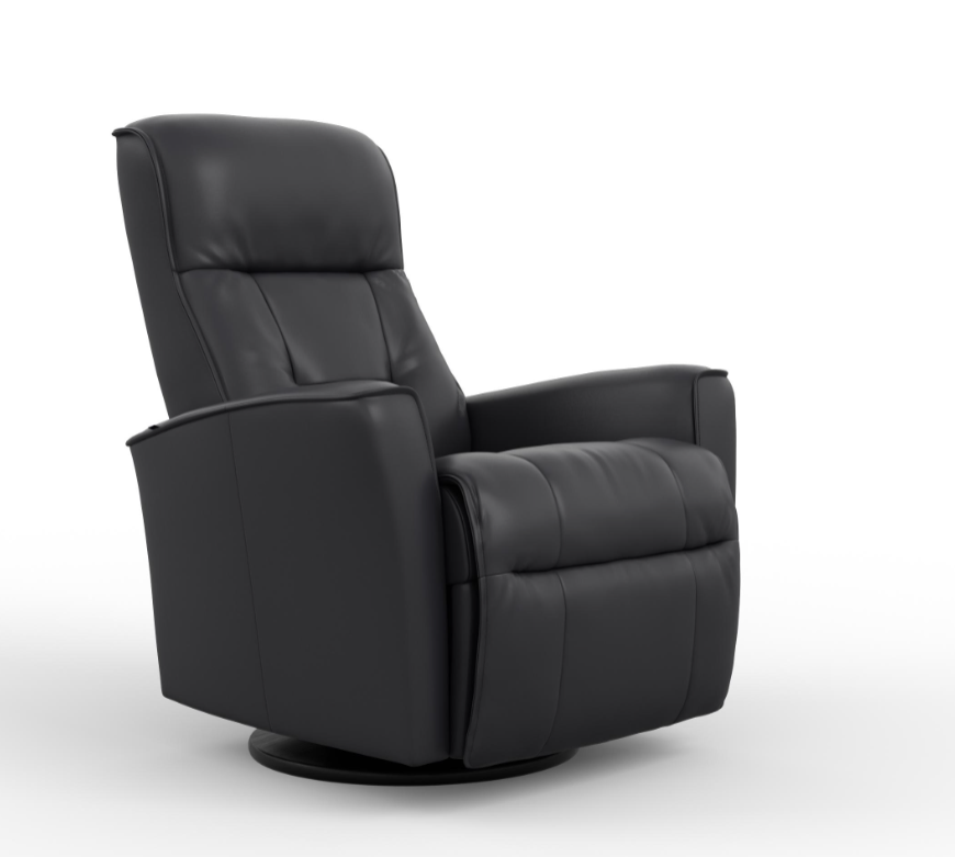 A navy Harstad recliner with a manual release headrest angle, featuring a glider mechanism and a black base.