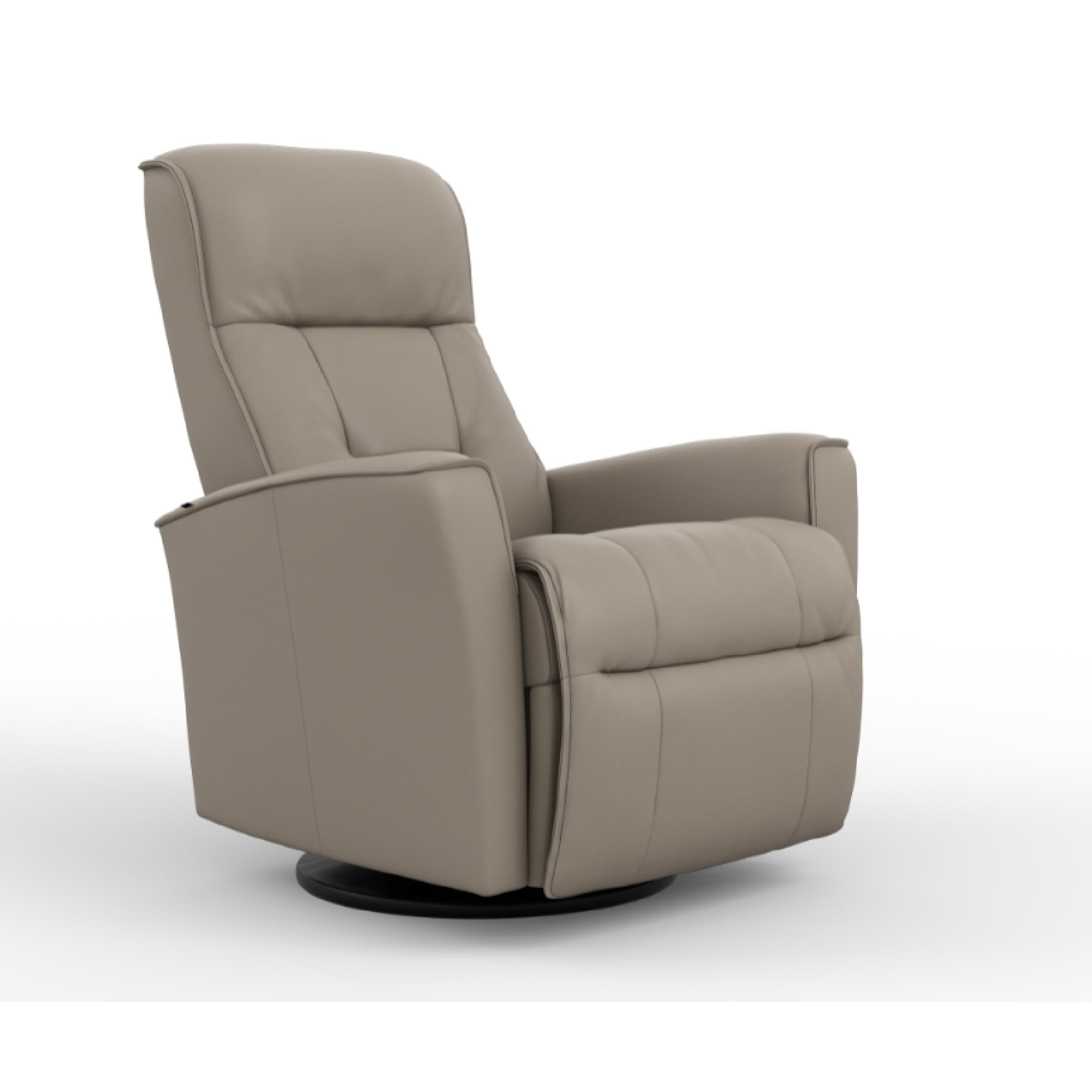 A beige Harstad recliner with a manual release headrest angle, featuring a glider mechanism and a black base.