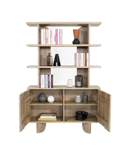 Wooden bookshelf with open doors displaying books and decorative items on a white background