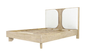 Wooden bed frame with white headboard and footboard on a white background