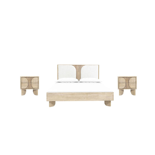 Wooden bedroom set with bed, nightstands, and headboard on a white background
