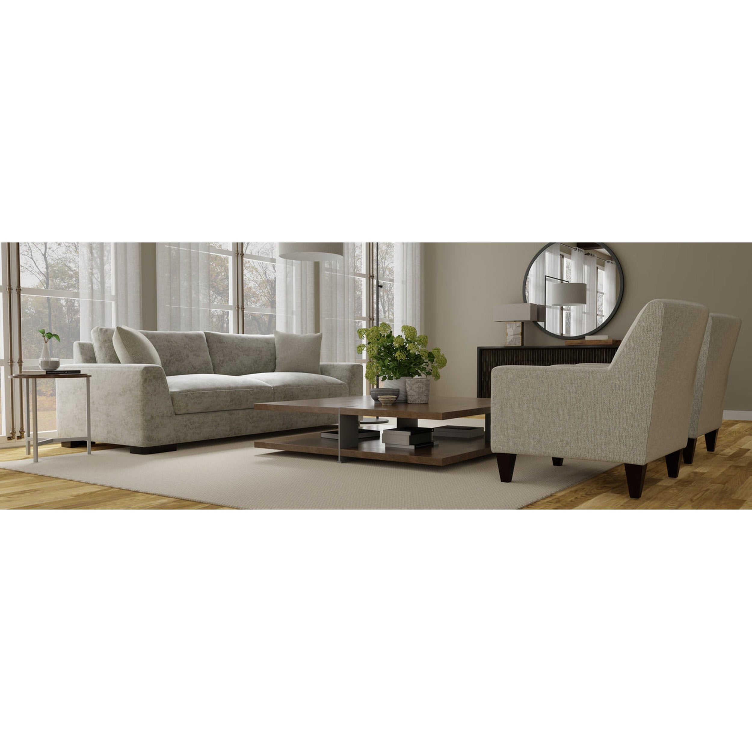 Modern living room with a gray sofa, armchair, and coffee table.