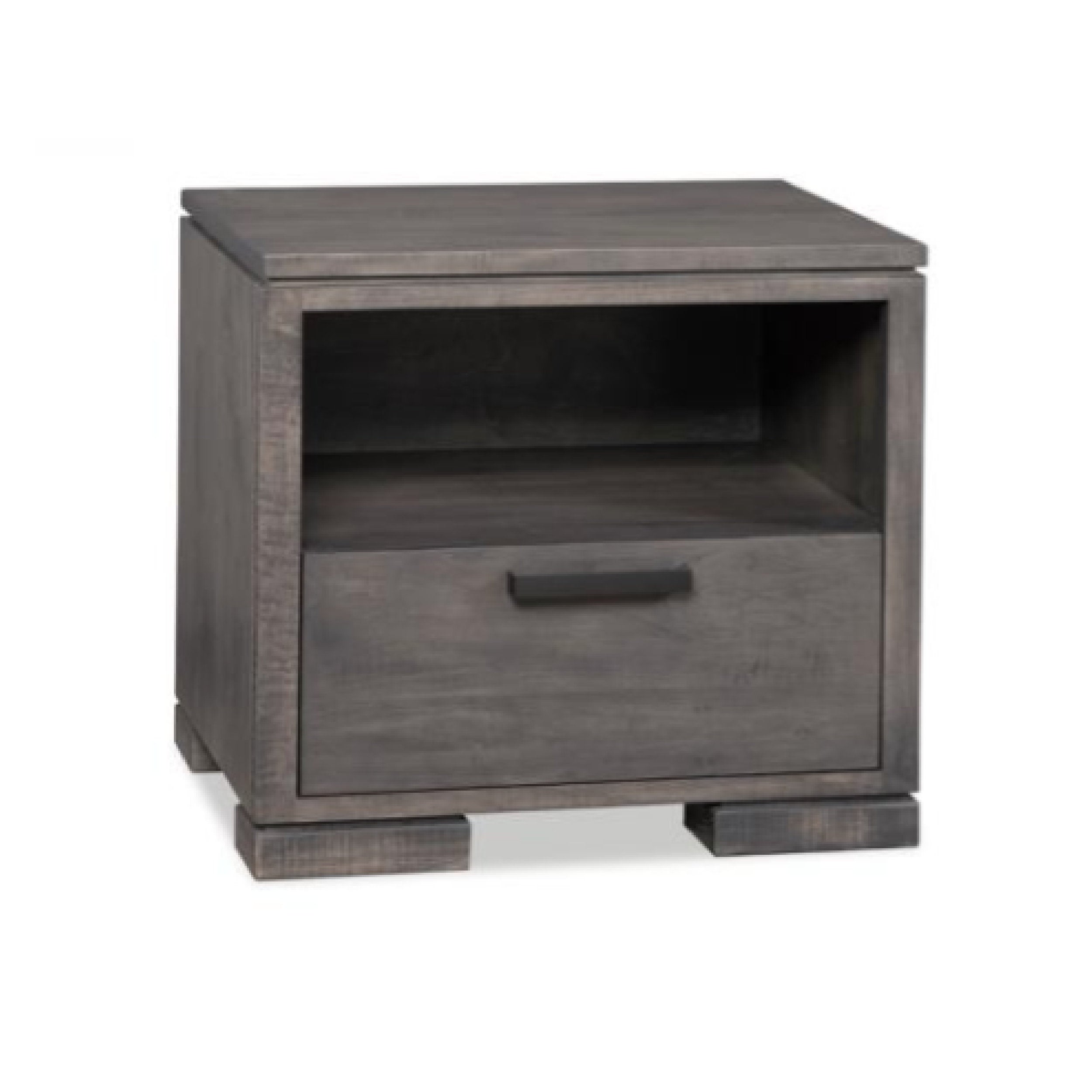 Dark wooden nightstand with a single drawer on a white background