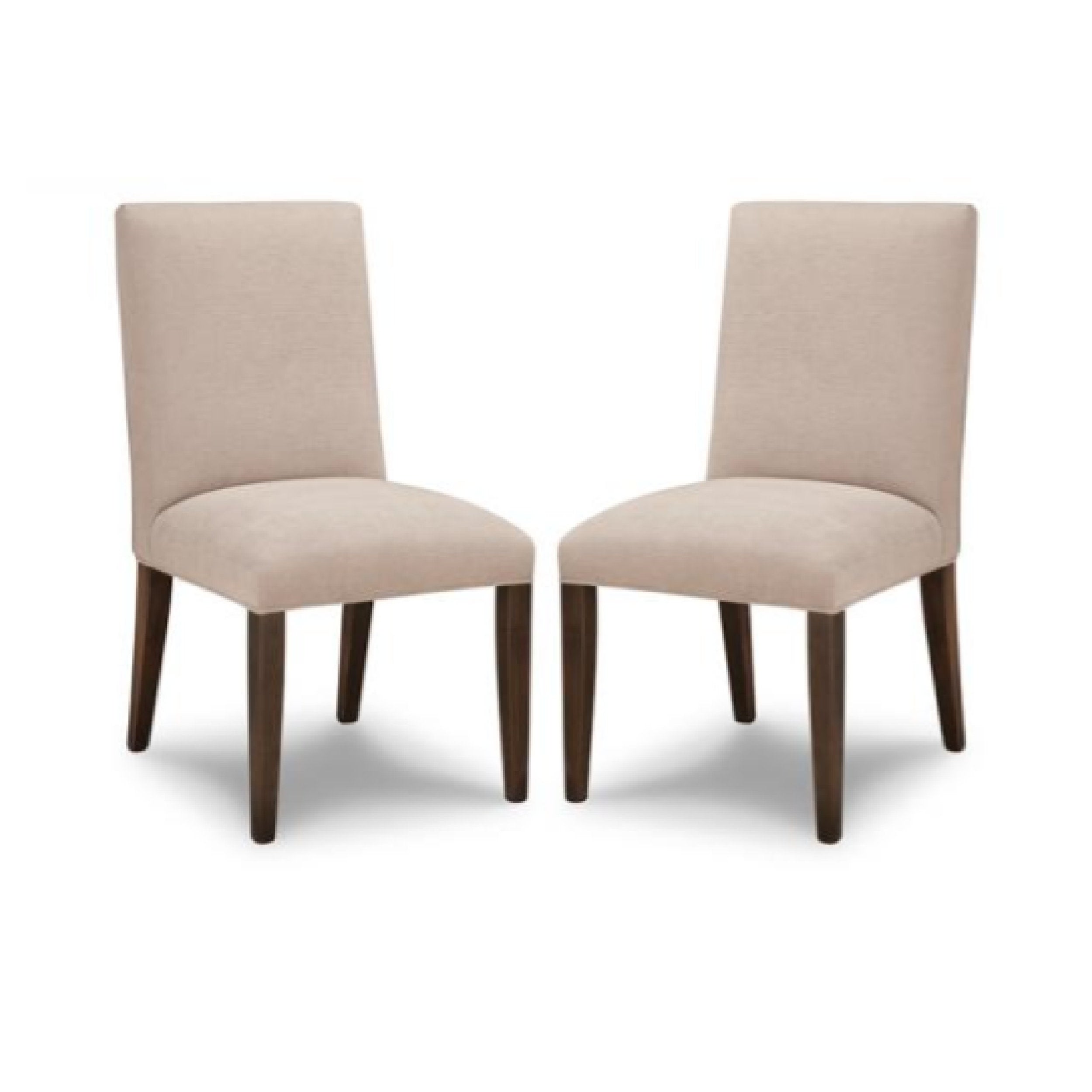 Two beige upholstered chairs with wooden legs on a white background