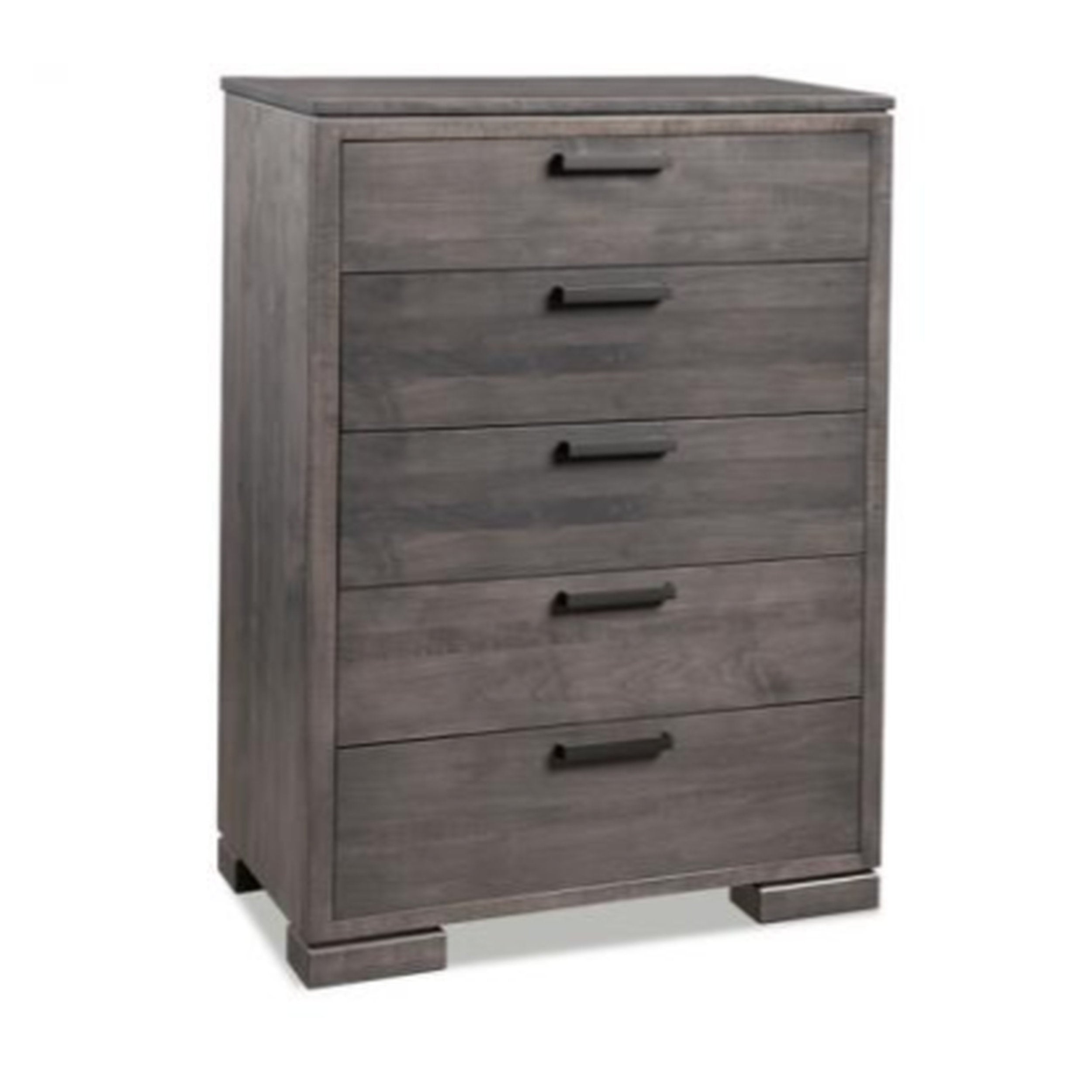 Gray wooden dresser with four drawers on a white background
