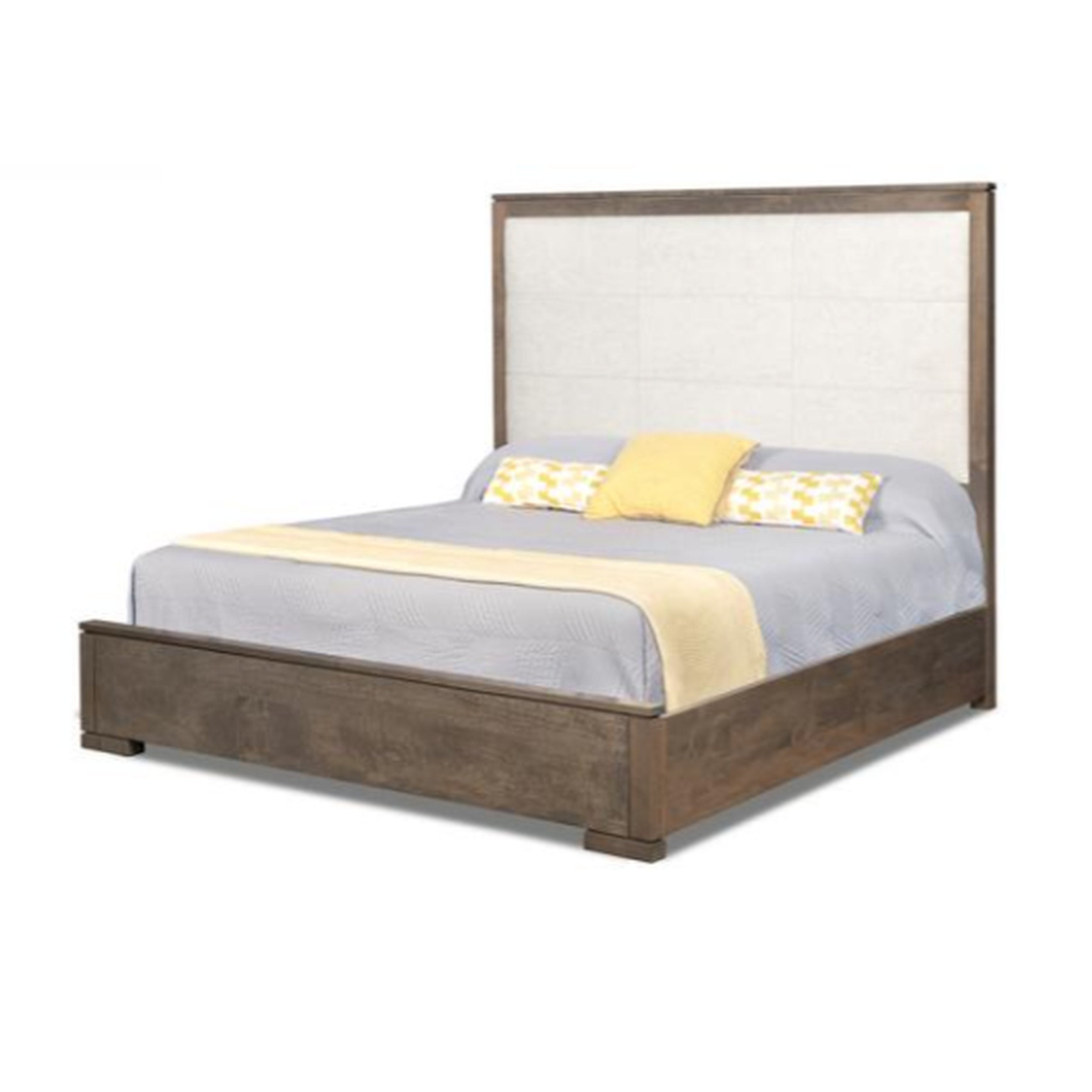 Wooden bed with gray bedding and yellow pillows on a white background
