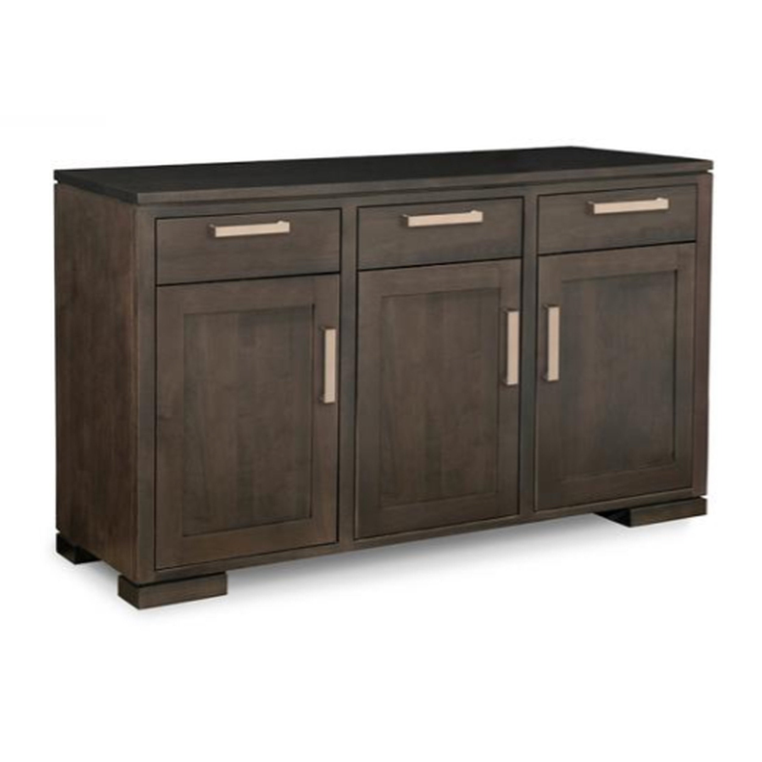 Dark wood sideboard with three doors and two drawers on a white background
