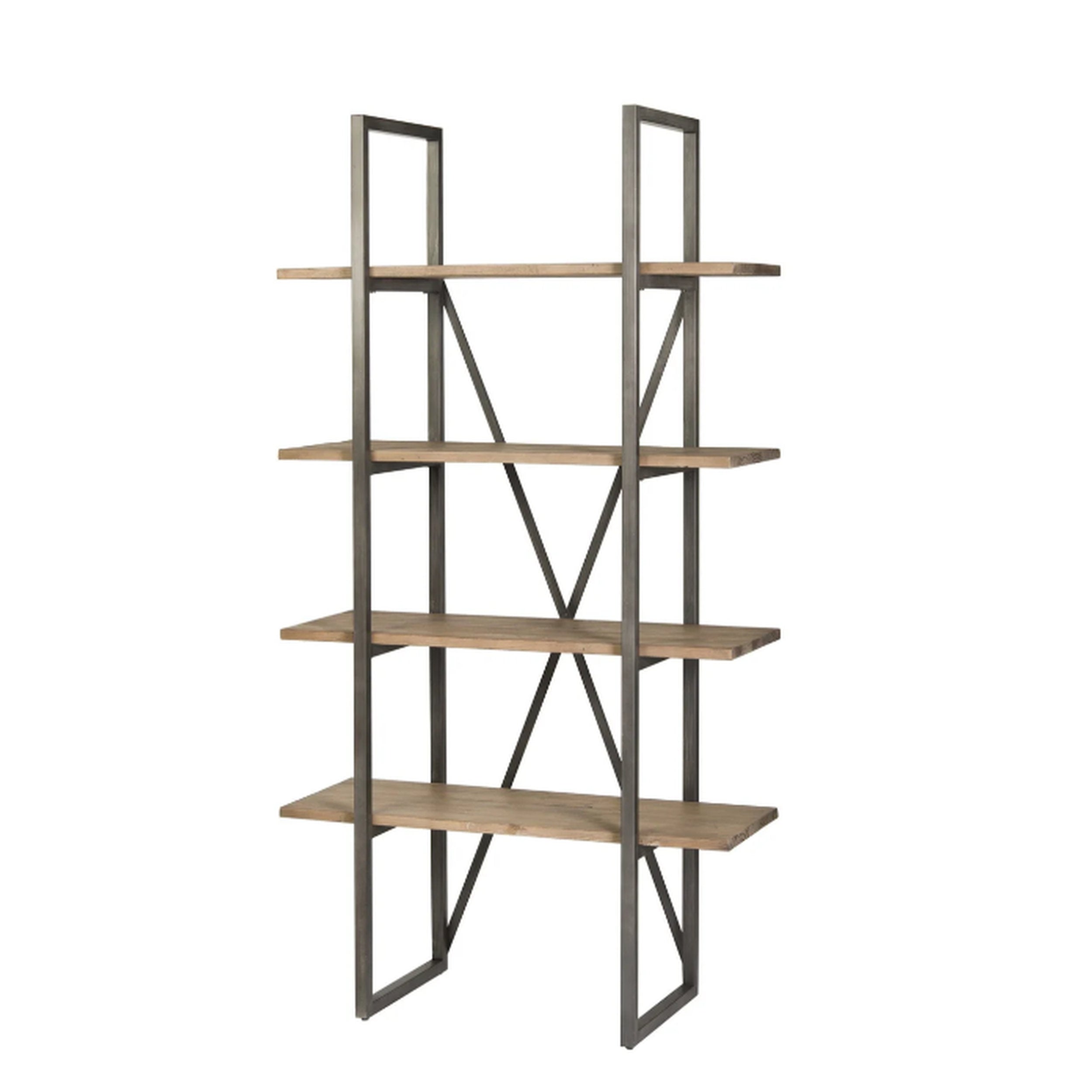 Bookshelf with wooden shelves and metal frame on a white background