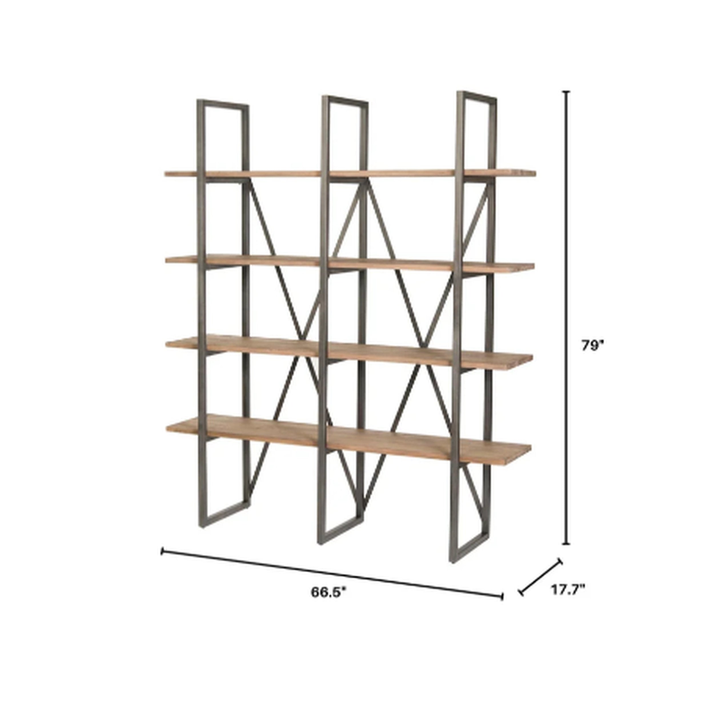 Bookshelf with wooden shelves and metal frame, shown with dimensions on a white background