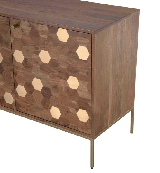 close up on the kenzo sideboard showing the hexagon pattern and the brass legs