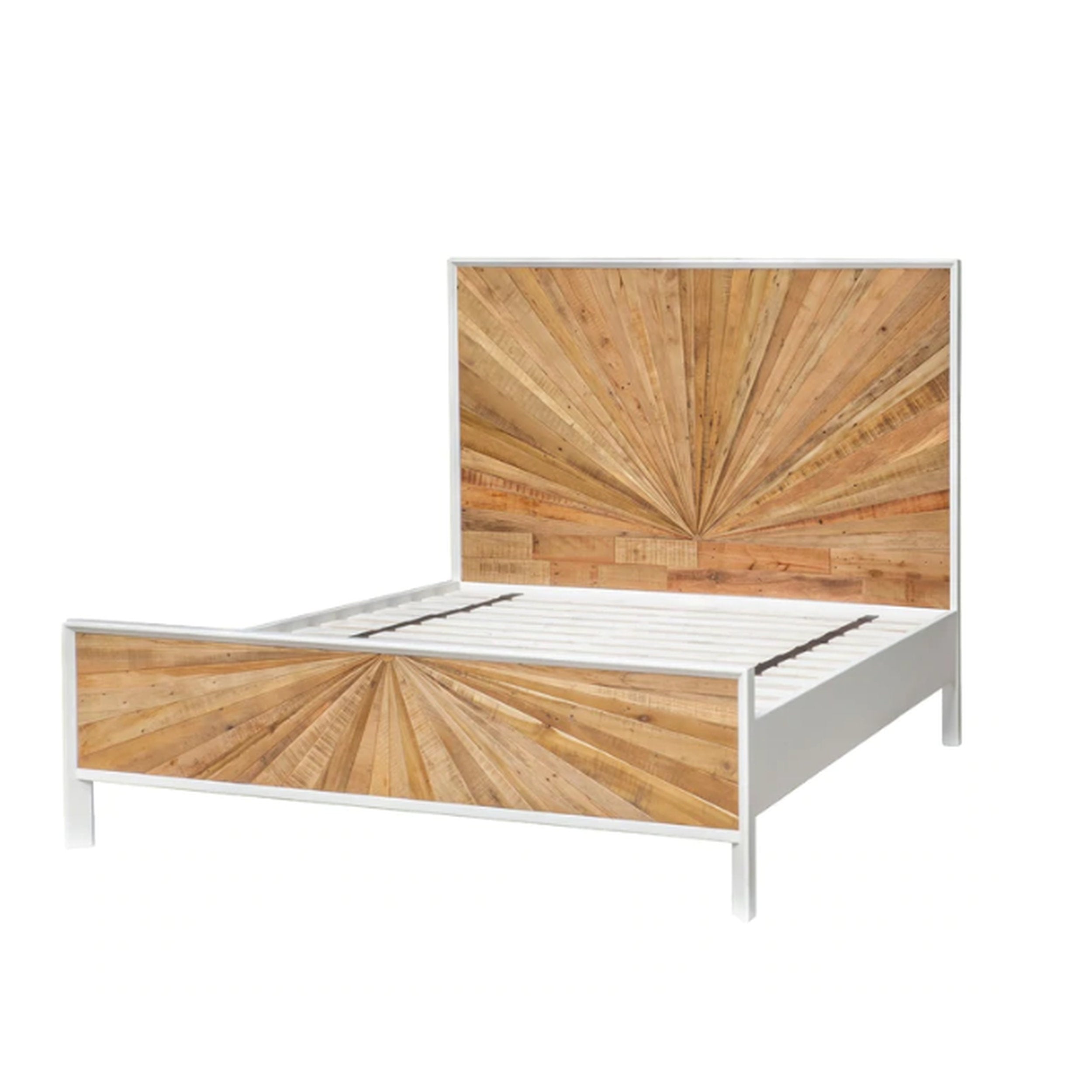Bed with wooden sunburst design on a white background