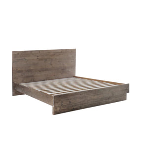 Wooden bed frame with slatted design on a white background