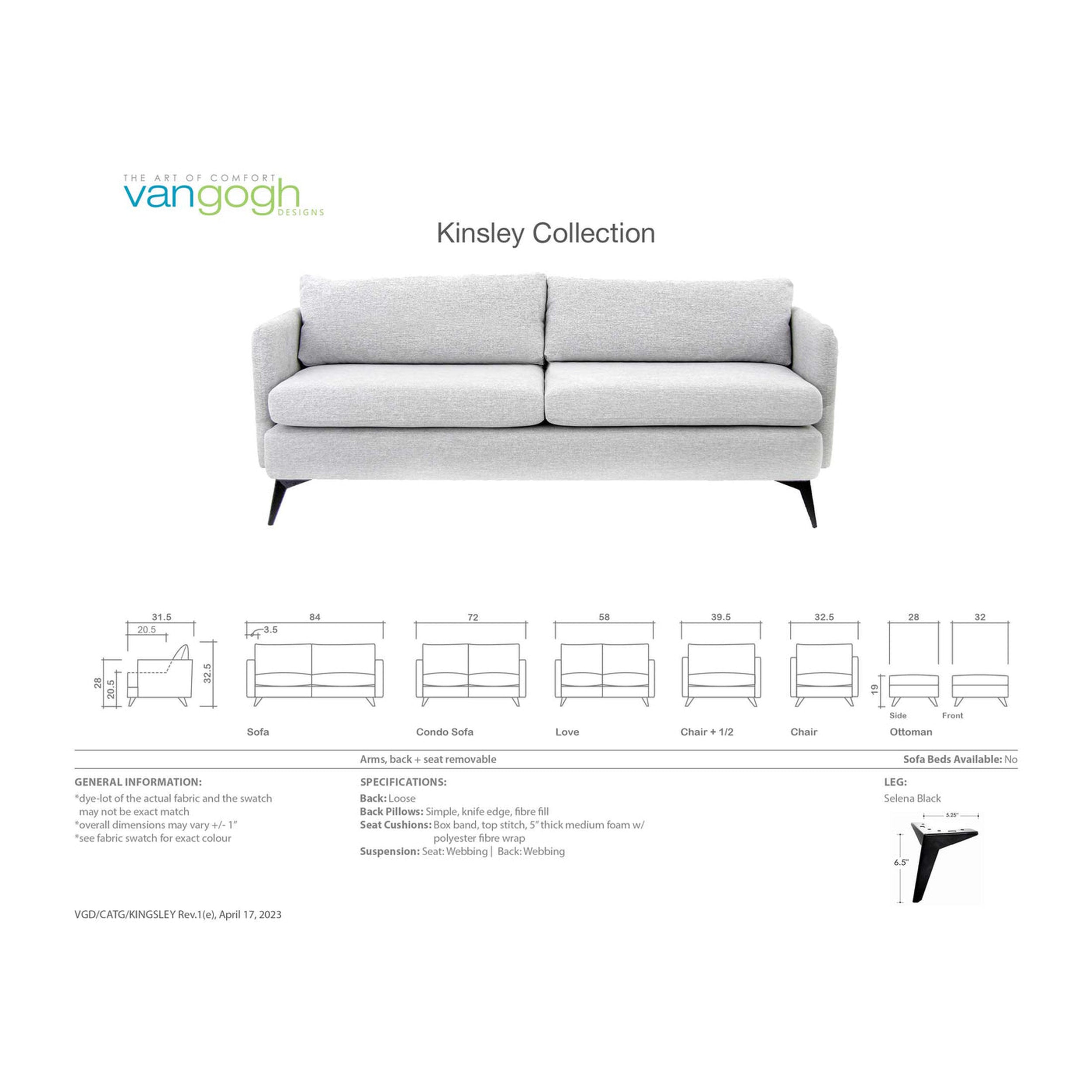 Gray sofa from the Kinsley Collection with dimensions and specifications on a white background.