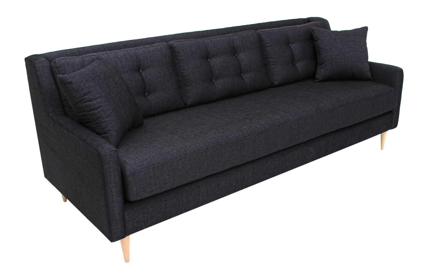Black sofa with tufted backrest on a white background