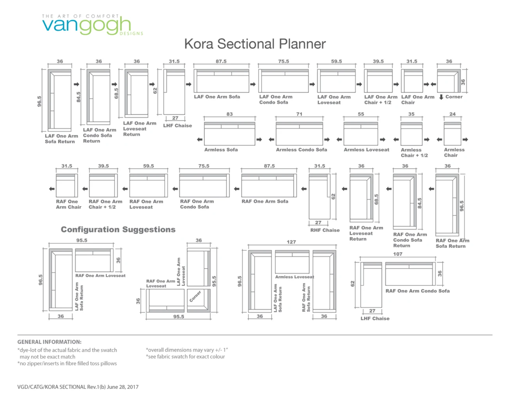 Kora Sectional Planner diagram with dimensions and configurations by Vangogh.