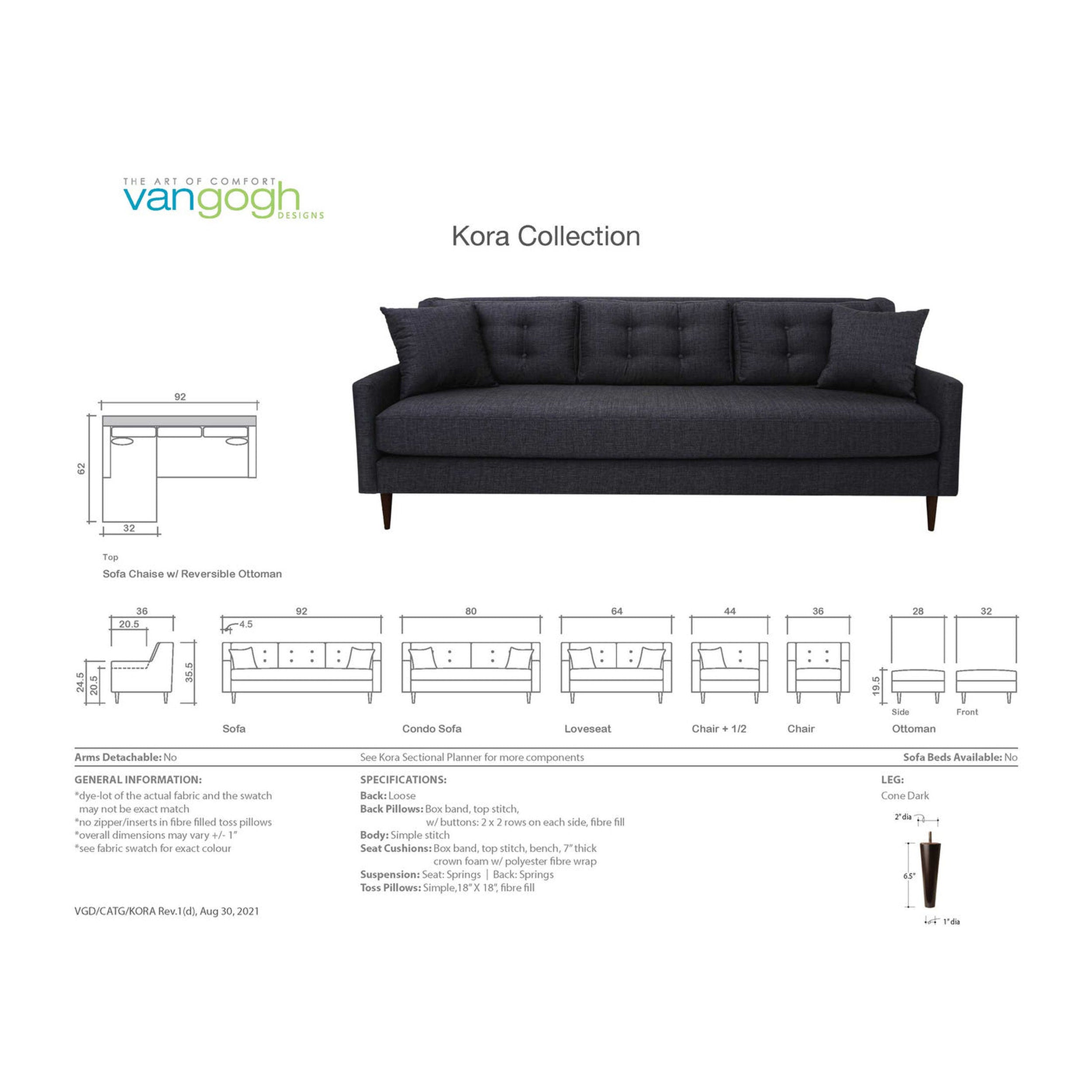 Kora Collection with dimensions and specifications on a white background, featuring the Van Gogh Furniture brand.