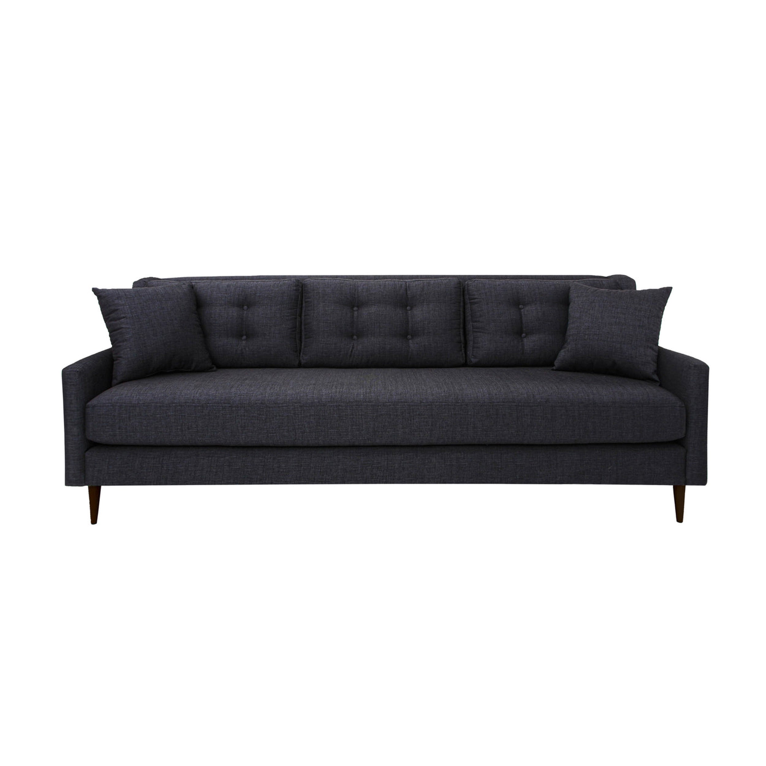 Dark gray sofa with tufted backrest on a white background