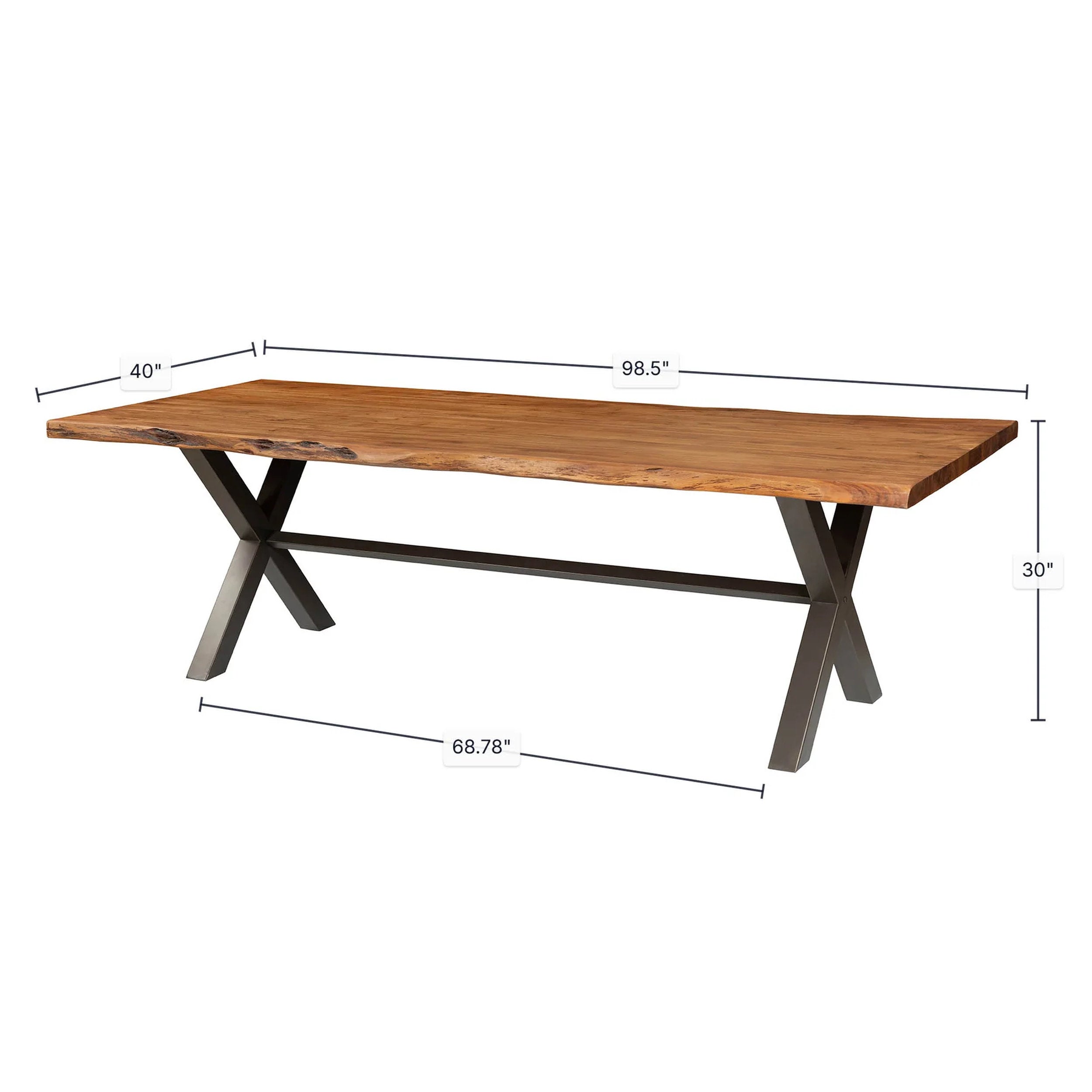 Restore Dining Table by LH Home in warm brown solid wood top with natural grain, black metal X-legs, 98.5" long, 30" high.