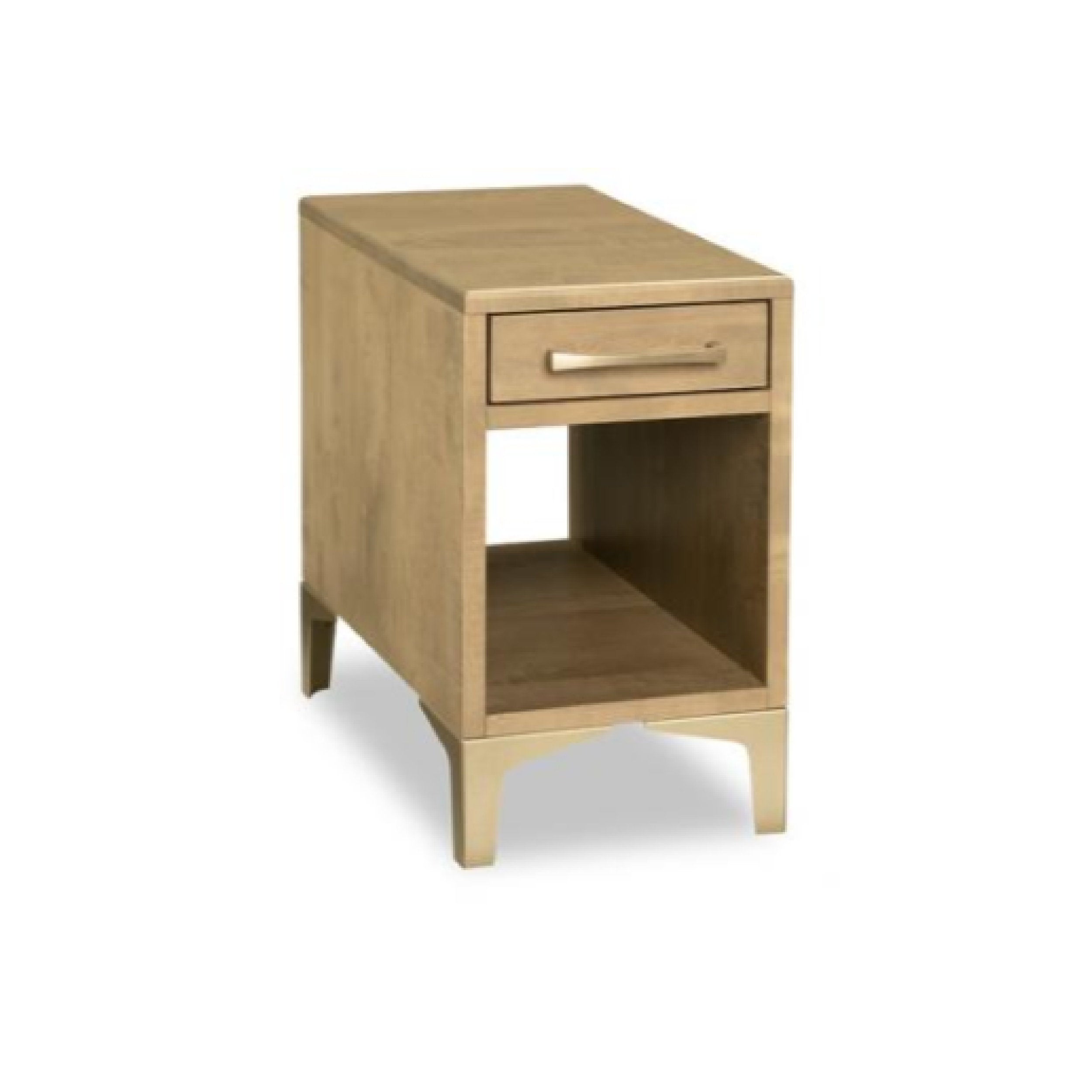 Wooden side table with a drawer on a white background