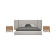 Load image into Gallery viewer, Modern bedroom set with bed, headboard, and nightstands on a white background
