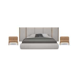 Modern bedroom set with bed, headboard, and nightstands on a white background