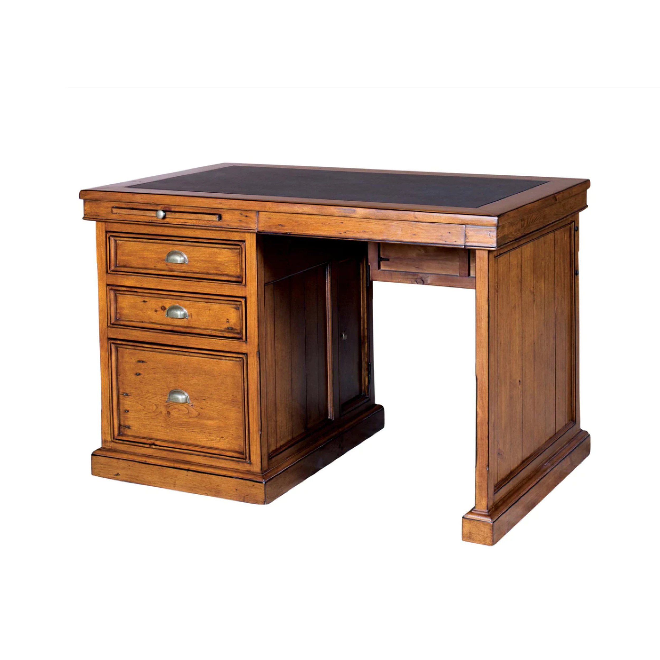 A stylish Lifestyle desk with a black vinyl inlay on top, a coffee slide, a keyboard slide, and a bottom drawer with file bars for organization. The desk has a rustic look with an African dusk finish.