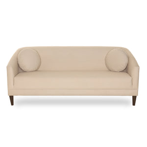 Beige sofa with round armrests on a white background