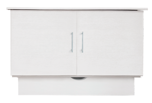 Front view of a White cabinet bed with closed doors showing a modern and sleek design, with a subtle handle visible on the right door.
