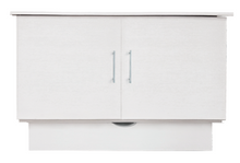 Load image into Gallery viewer, Front view of a White cabinet bed with closed doors showing a modern and sleek design, with a subtle handle visible on the right door.
