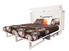 Load image into Gallery viewer, madrid cabinet bed open showing bedding with some pillows
