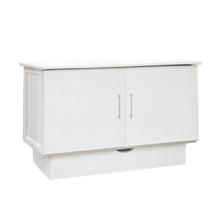 Load image into Gallery viewer, White cabinet bed with closed doors showing a modern and sleek design, with a subtle handle visible on the right door.
