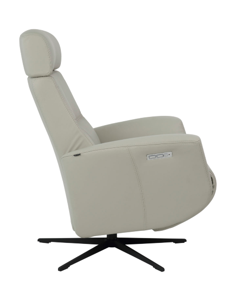 Beige recliner chair with a black swivel base on a white background