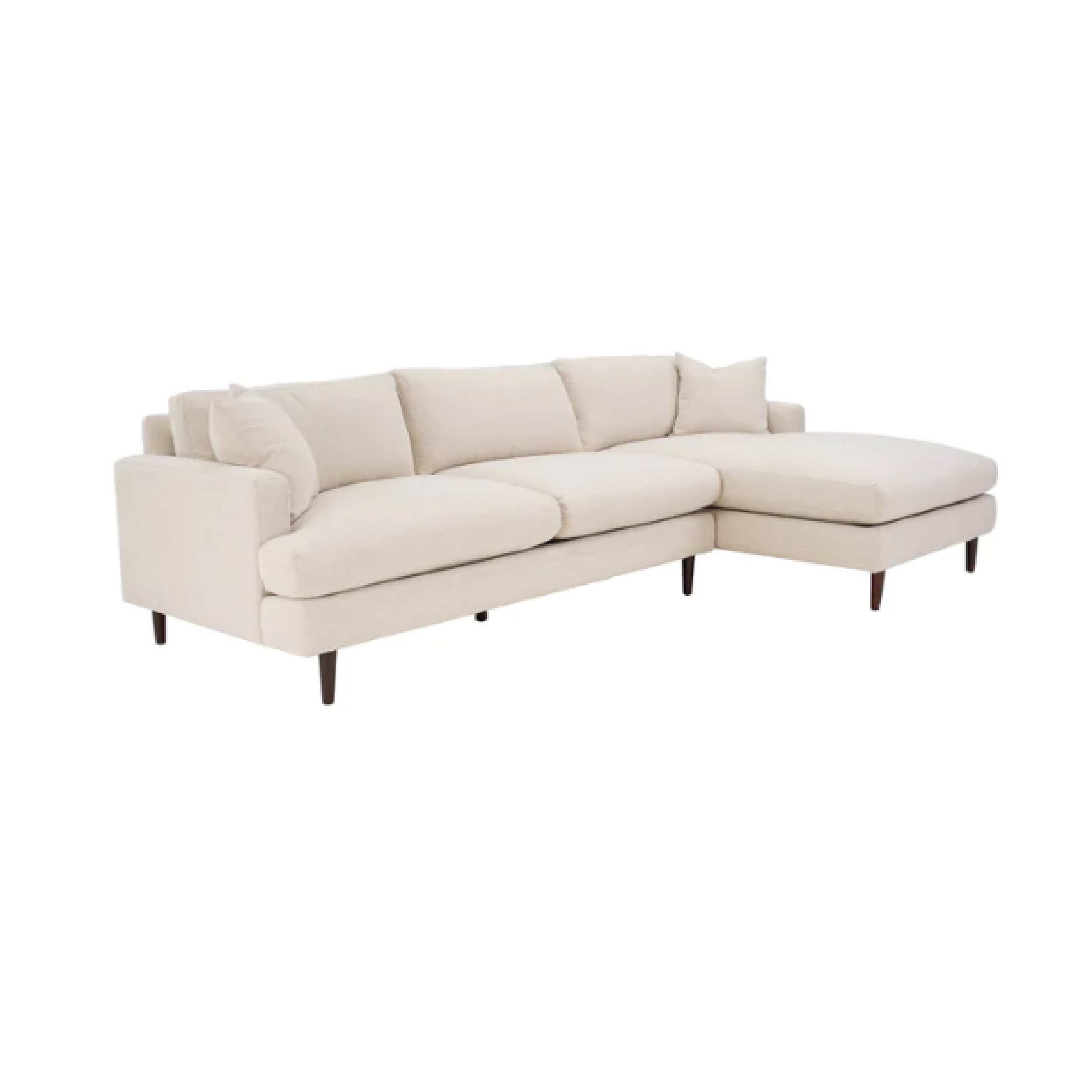 A beige right-sectional sofa with three seat cushions, two backrest cushions, and dark wooden legs.