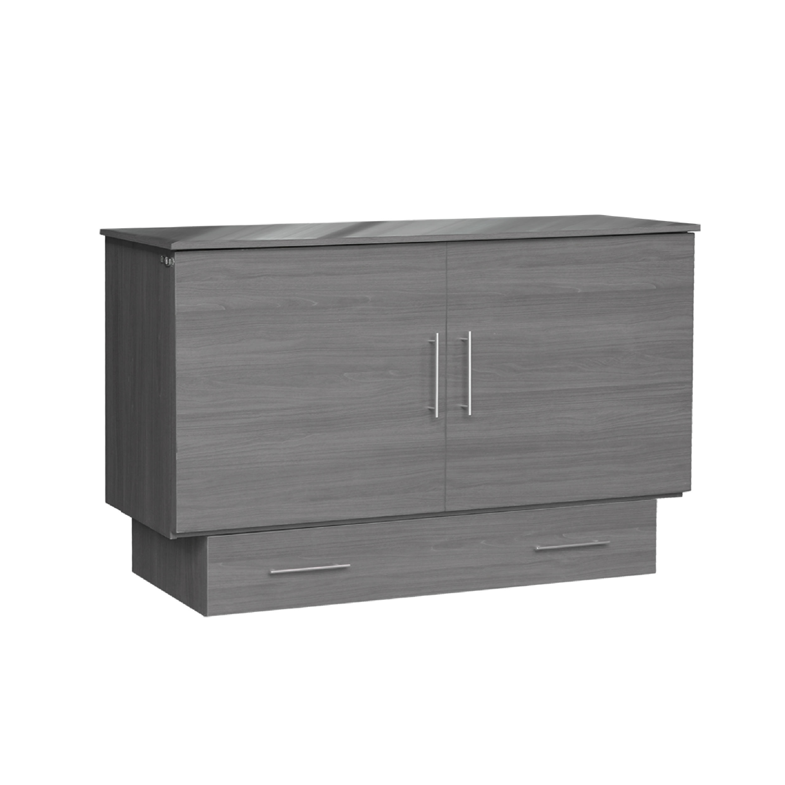 A gray Midtown queen cabinet bed with a storage chest design, featuring a wooden finish and metal handles.