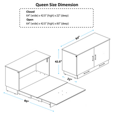Load image into Gallery viewer, Dimensions for the cabinet bed showing its 64&quot; wide X 42.5&quot; high and 22&quot; deep when closed.
