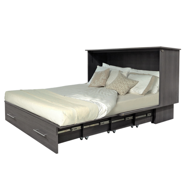 cabinet bed showing that it is open all the way with some bedding and pillows