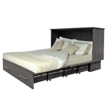 Load image into Gallery viewer, cabinet bed showing that it is open all the way with some bedding and pillows
