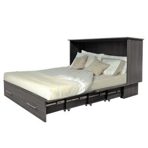 cabinet bed showing that it is open all the way with some bedding and pillows
