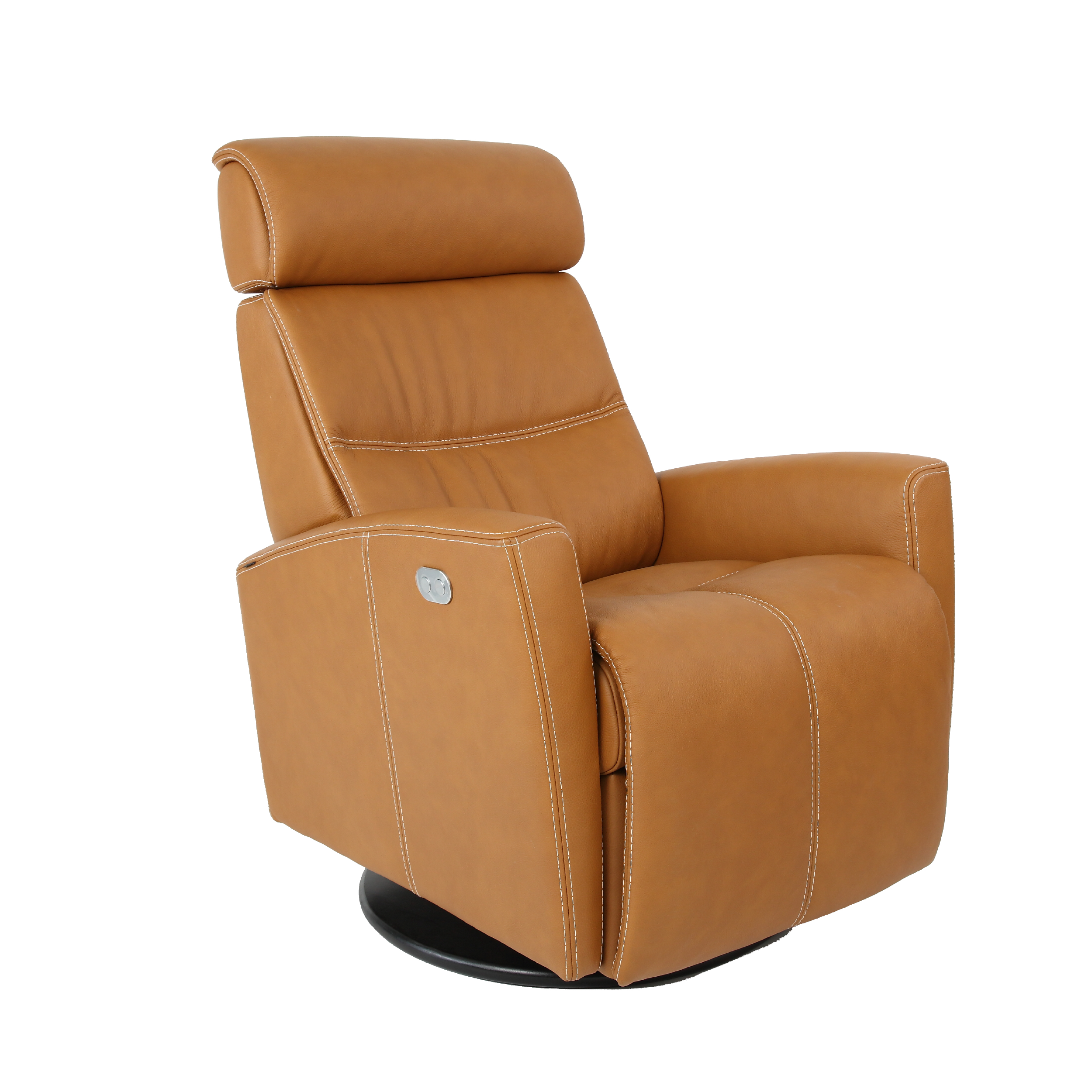 milan recliner in vintage cognac leather showing an electronic adjustable headrest